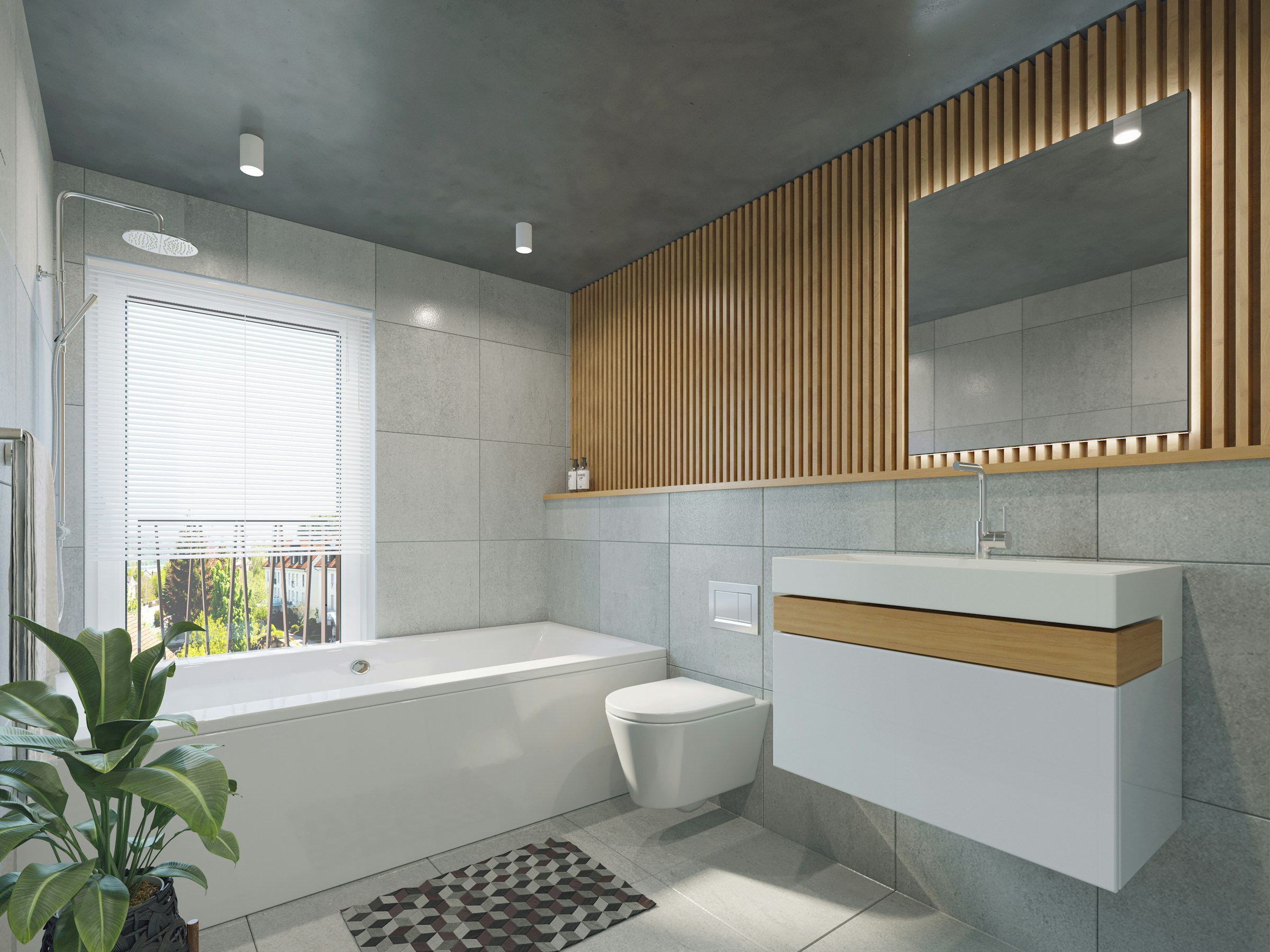 Salon contemporain carrelage effet béton grand format