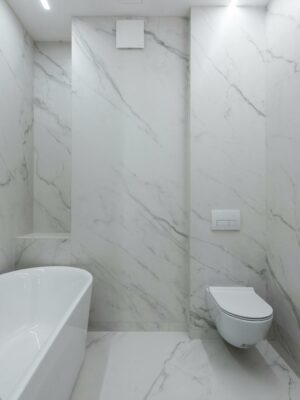 Interior of stylish bathroom with marble walls and bath placed near toilet and ceramic sink in light room with mirror